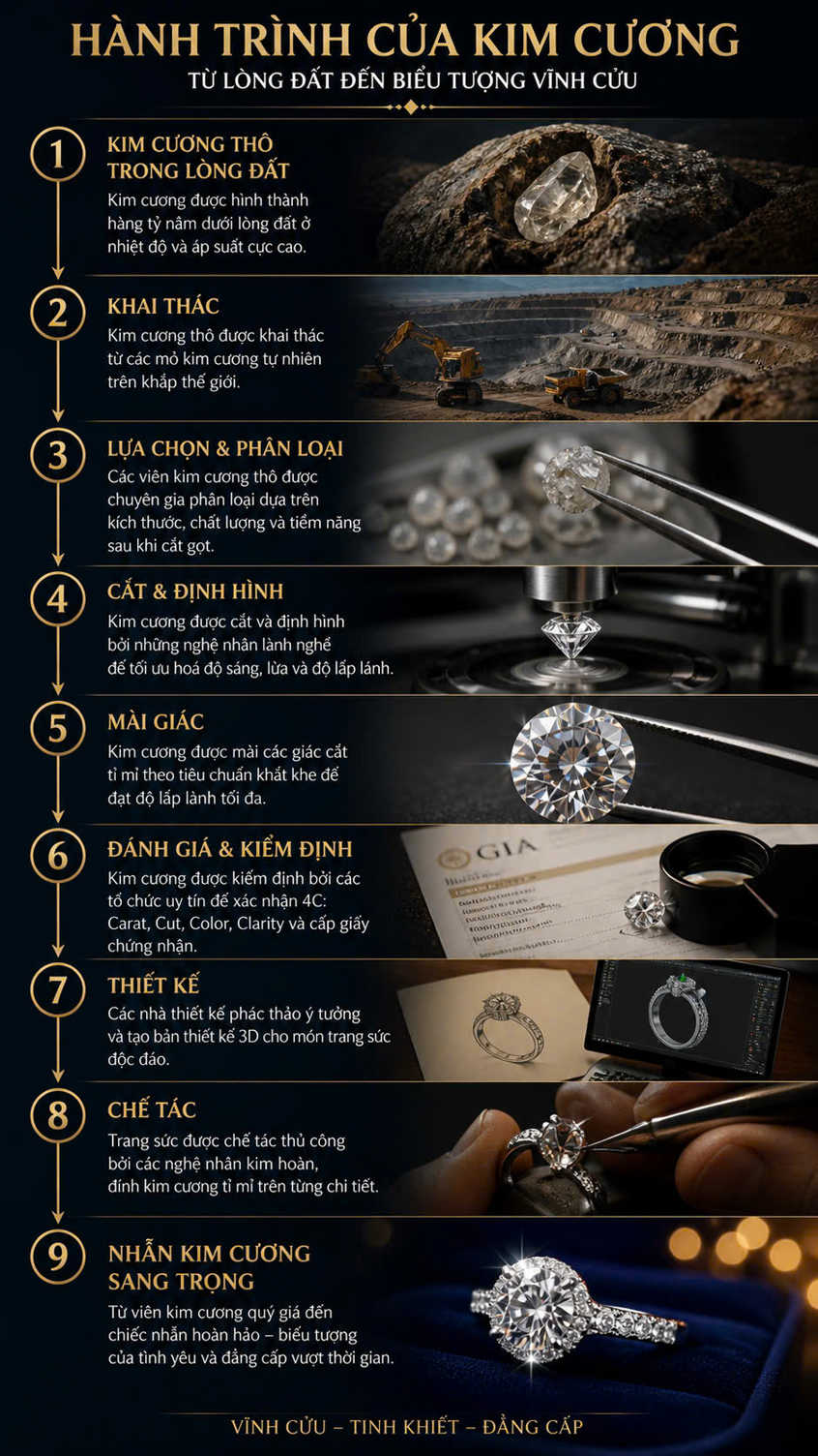 Infographic hành trình kim cương thiên nhiên từ khai thác mỏ, mài giác, kiểm định GIA đến chế tác trang sức